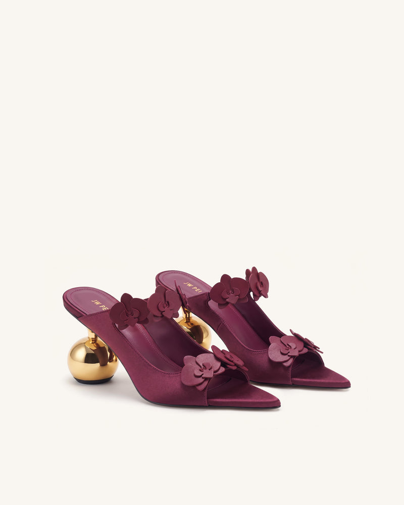 Rosalie Orchid Appliqué Sphere Heel Mules - Burgundy