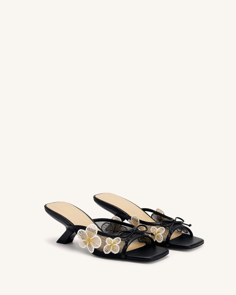 Mireille Bow Floral Embroidered Appliqué Mesh Heeled Sandals - Black