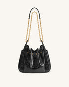 Rowan Ruched Drawstring Chain Bucket Bag - Jet Black
