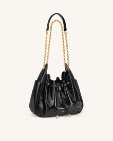 Rowan Ruched Drawstring Chain Bucket Bag - Jet Black