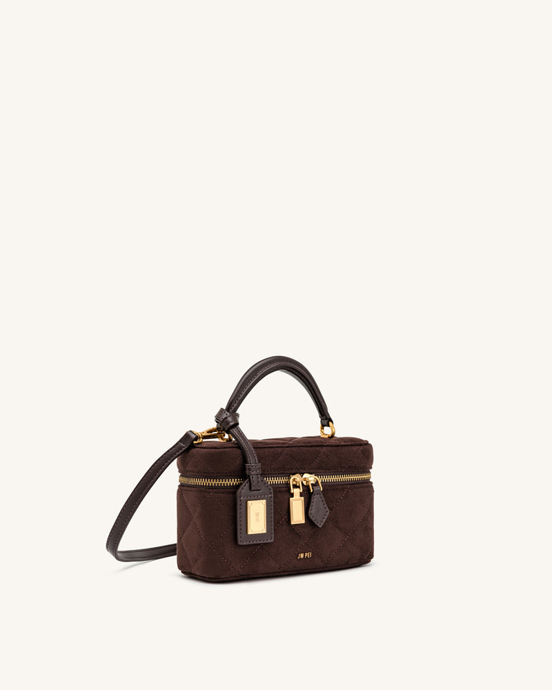 Cleo Faux Suede Box Shape Top Handle Bag - Dark Chocolate Brown