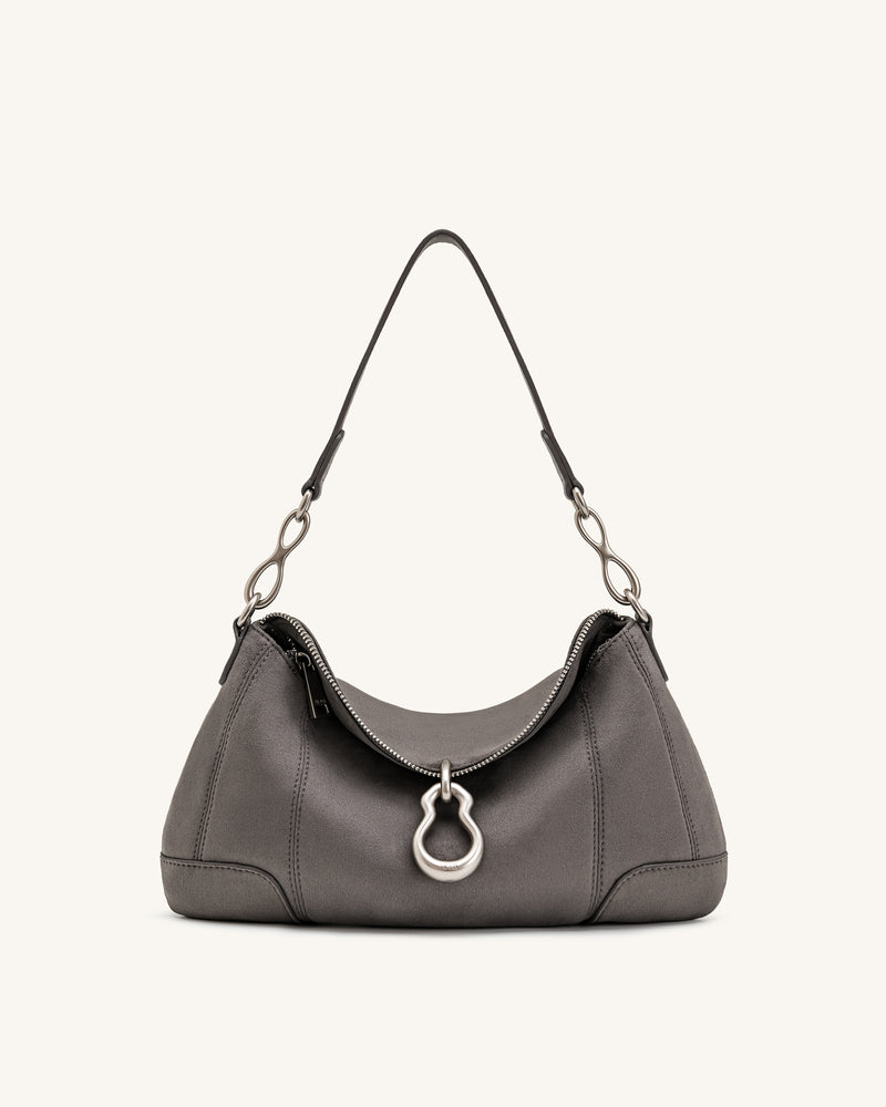 Jayla Faux Suede Metal Pendant Embellished Shoulder Bag - Dark Grey