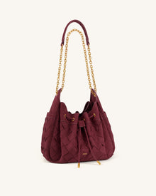 Rowan Faux Suede Weaving Ruched Drawstring Chain Bucket Bag - Dark Cherry