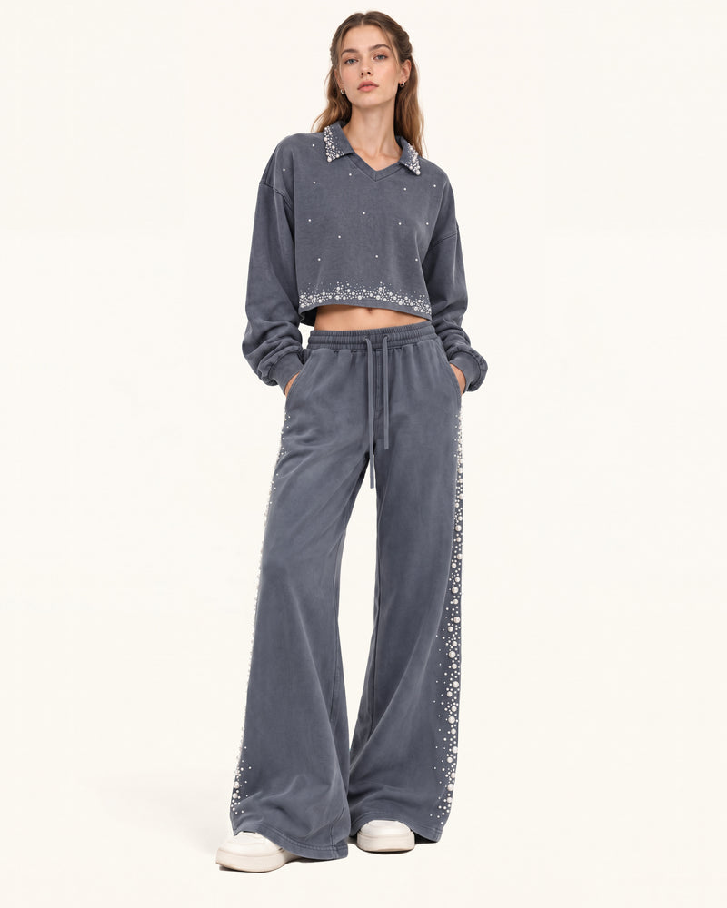 Gradient Pearl Trim Cropped Sweatshirt - Washed Slate