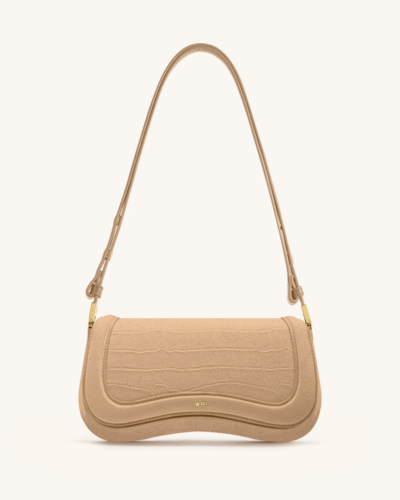 Joy Croc-Embossed Faux Suede Shoulder Bag - Beige