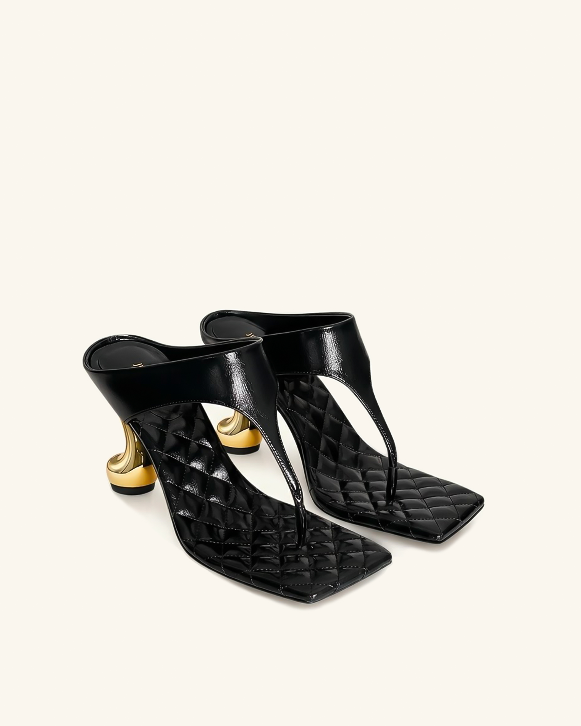 Hannah Quilted Thong Heel Mules - Black