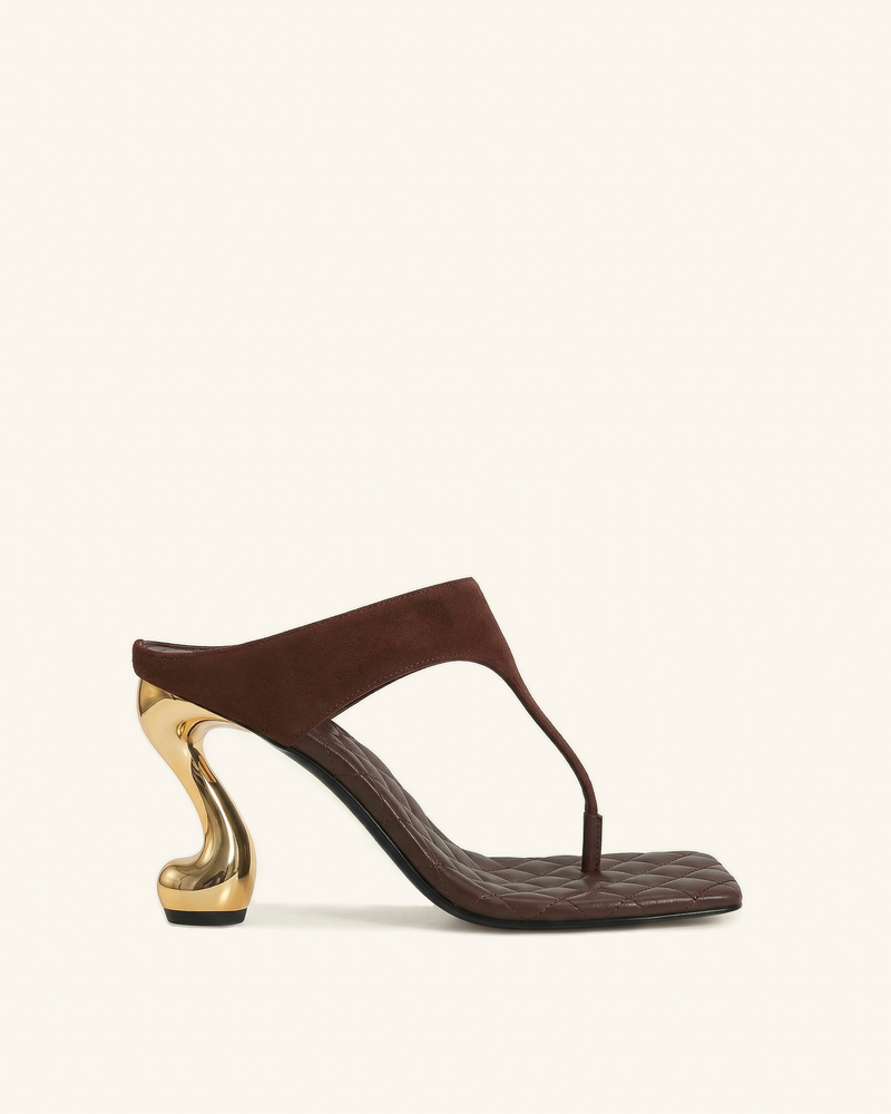 Hannah Quilted suede Thong Heel Mules - Brown