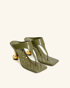 Hannah Quilted Thong Heel Mules - Olive Green