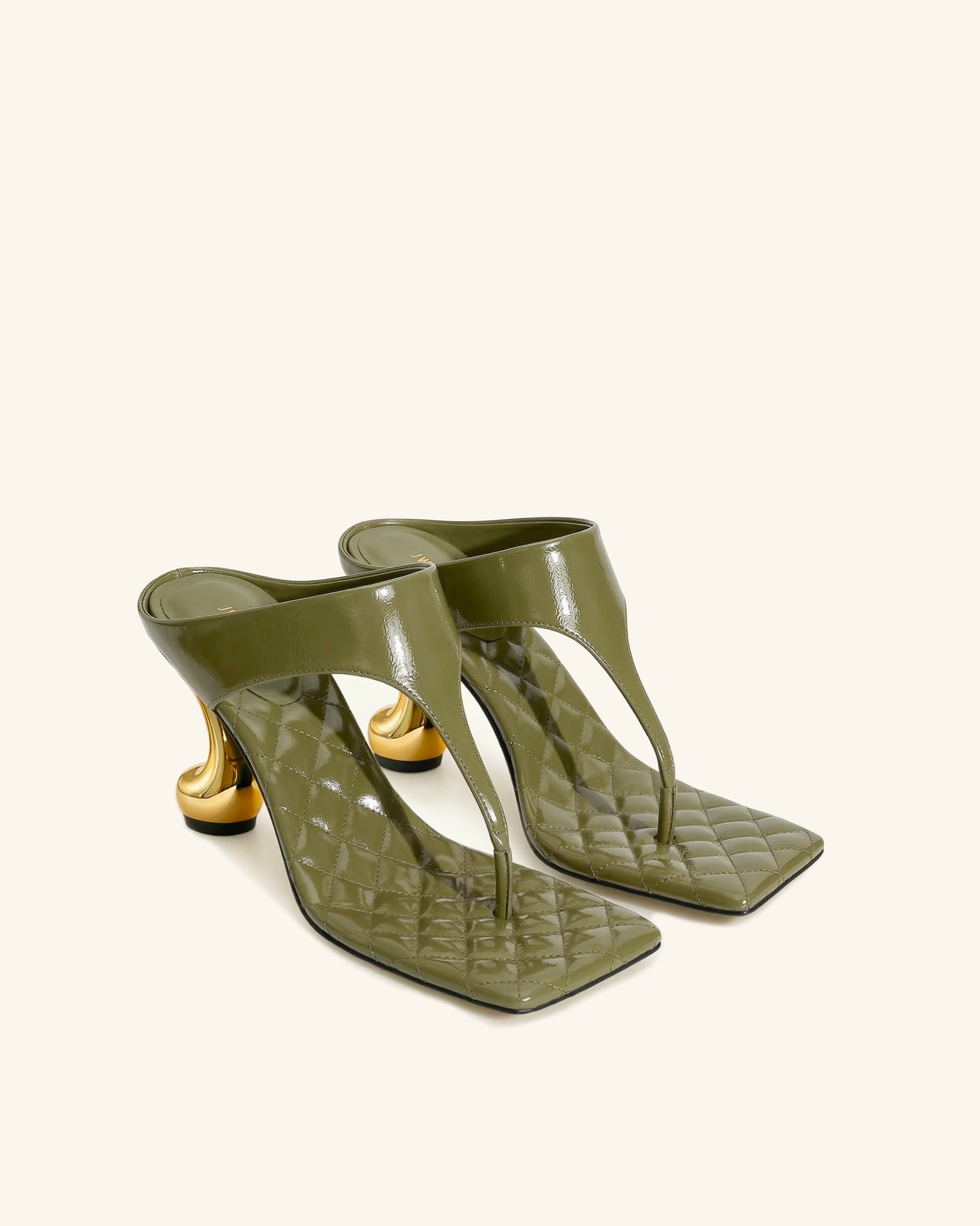 Hannah Quilted Thong Heel Mules - Olive Green
