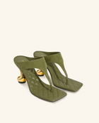Hannah Quilted suede Thong Heel Mules - Olive Green