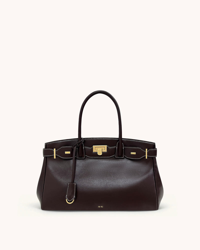 Ziva Metal Lock Decoration Tote Bag - Dark Brown