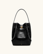 Clara Lock Accent Bucket Shoulder Bag - Black Croc
