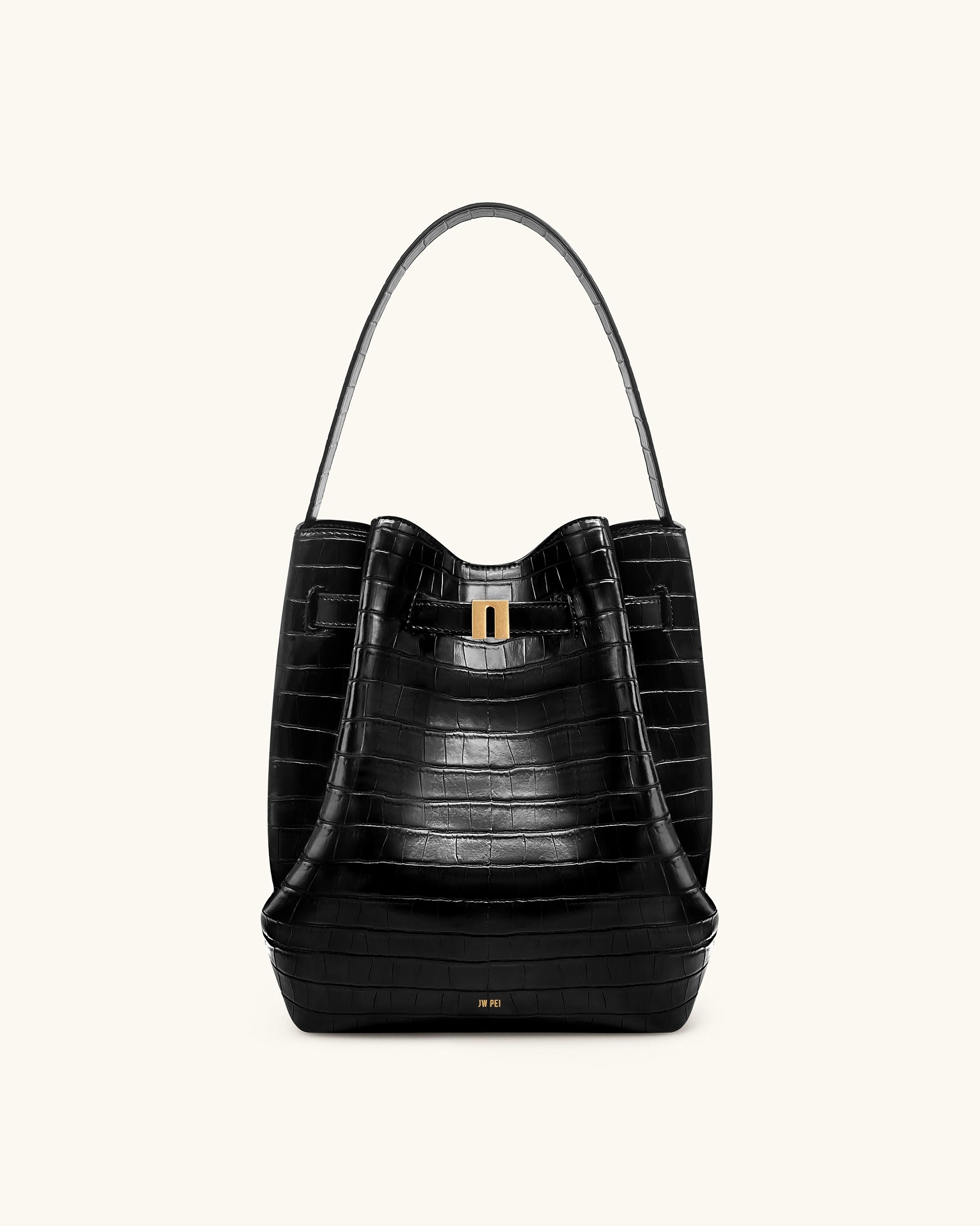 Clara Lock Accent Bucket Shoulder Bag - Black Croc