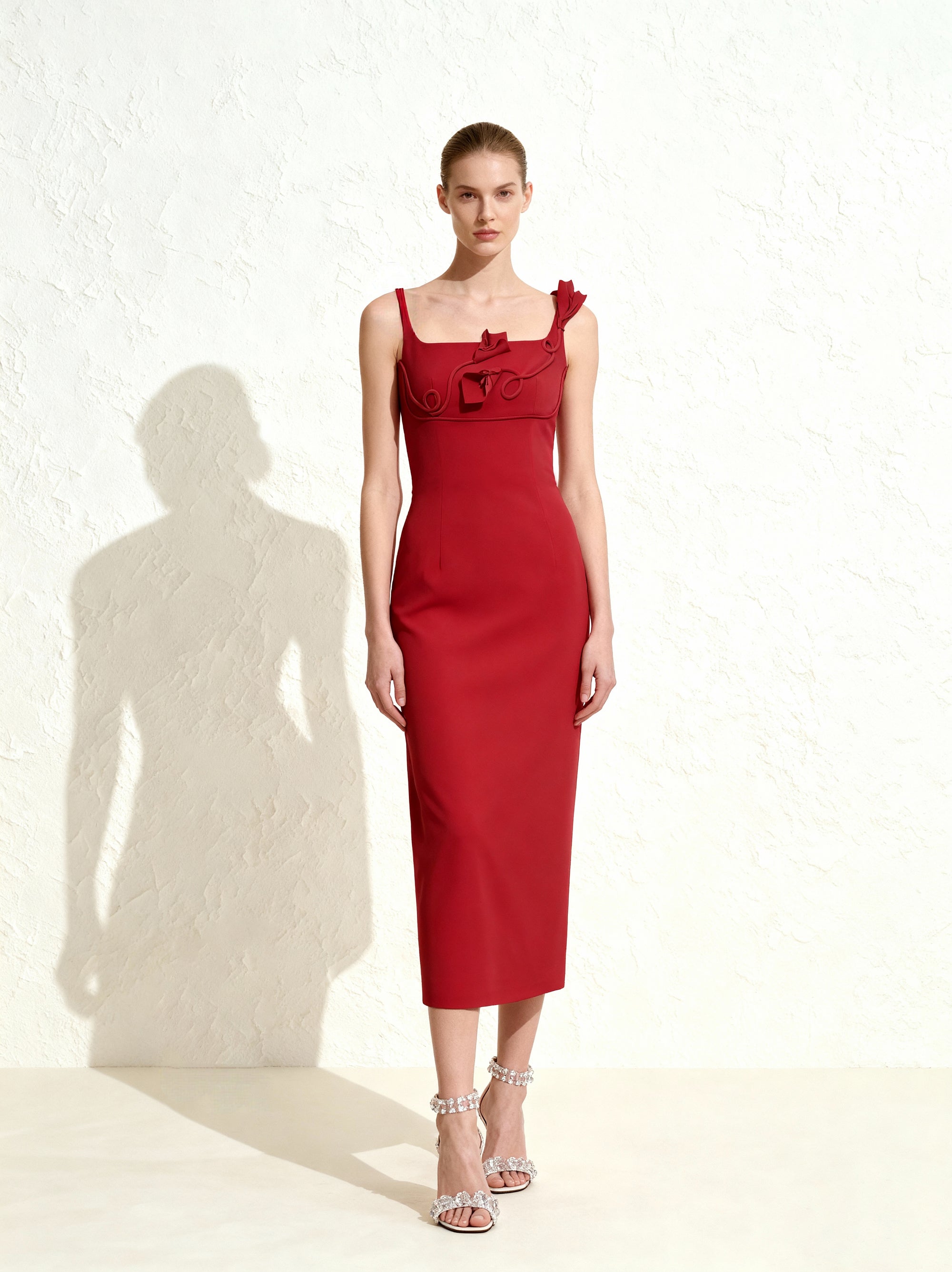 3D Floral Appliqué Square-Neck Sheath Midaxi Dress - Red