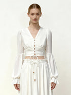 Chiffon Lantern-Sleeve Tie-Front Cropped Blouse - White