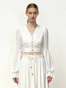 Chiffon Lantern-Sleeve Tie-Front Cropped Blouse - White