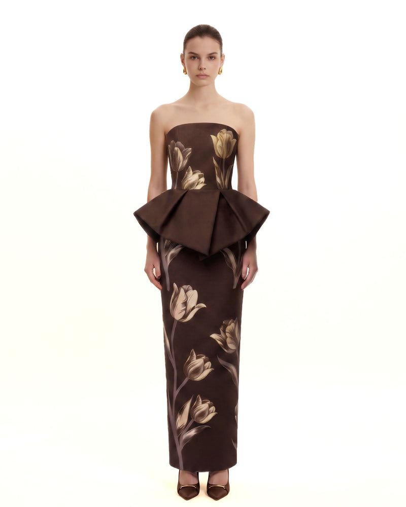 Tulip Floral Peplum Strapless Maxi Dress - Brown
