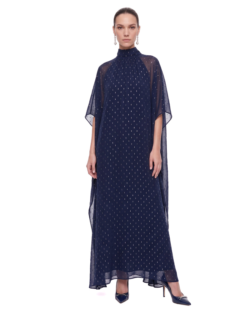 Embellished Sheer Cape Maxi Dress - Navy