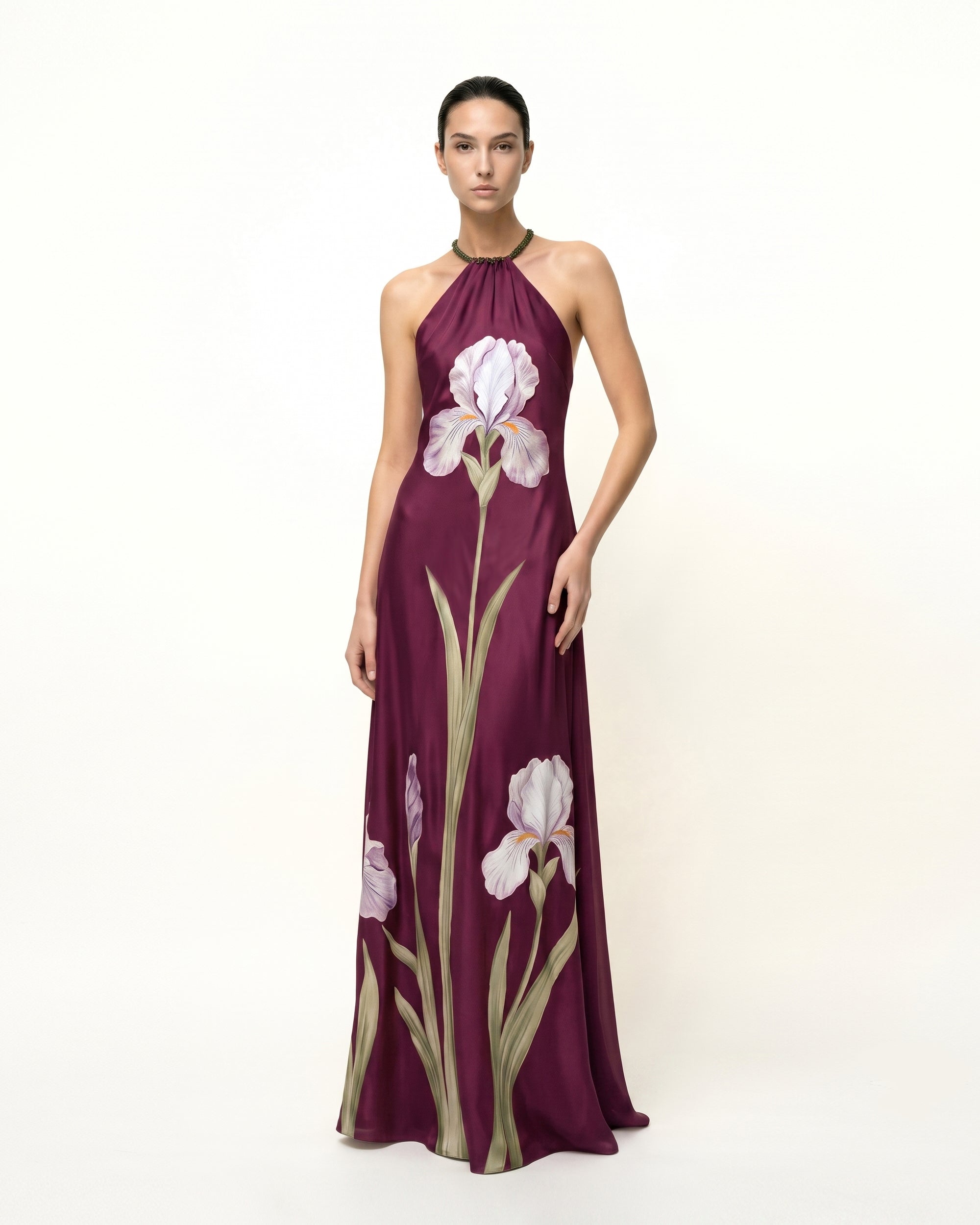 Iris Floral Print Halte
r Maxi Dress - Plum