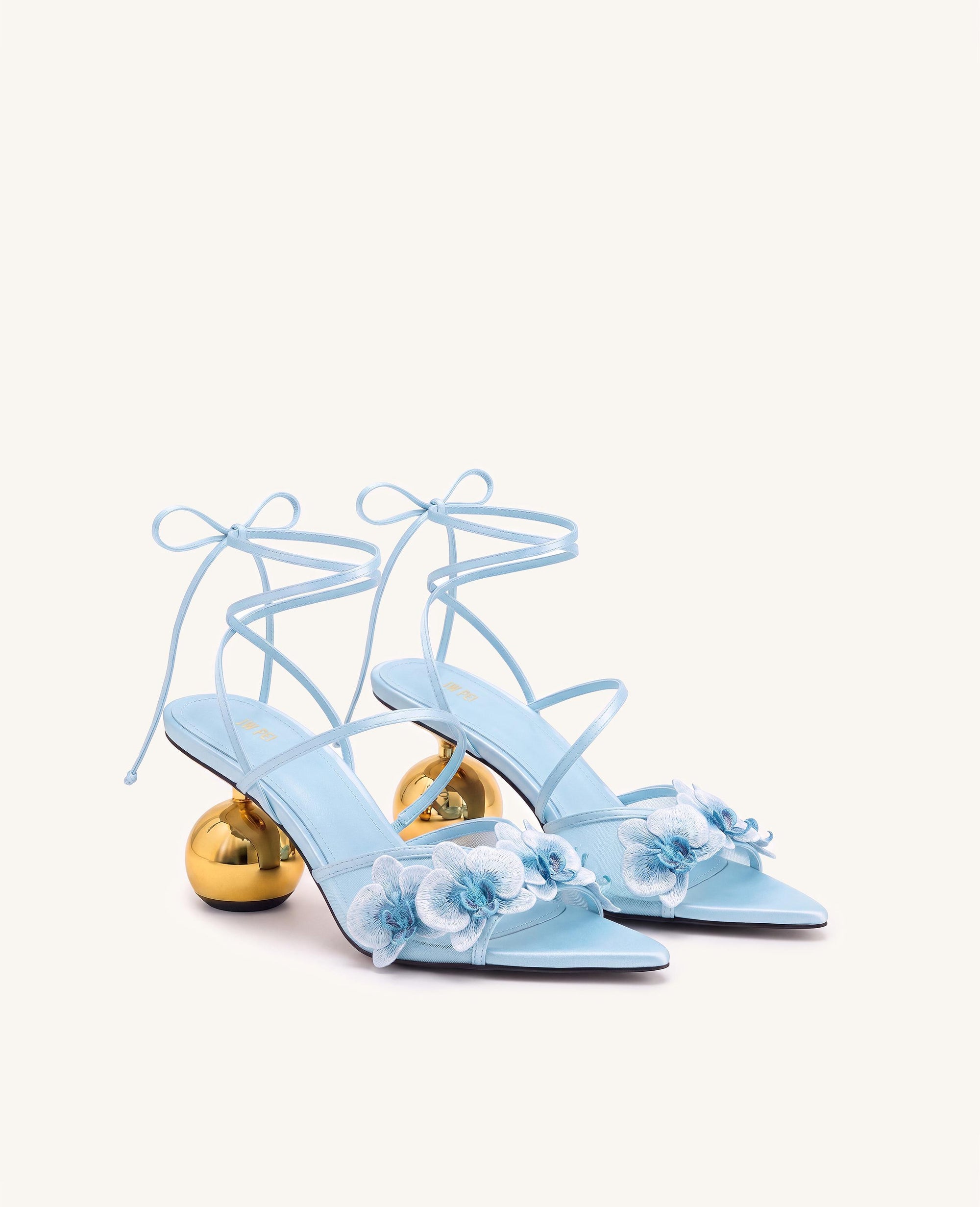 Celia Orchid Embroidered Sphere Heel Lace-Up Sandals - Blue