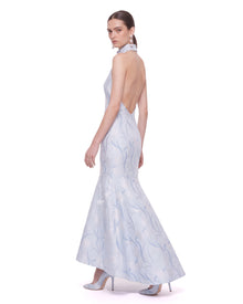 Floral Jacquard Halter Mermaid Maxi Dress - Light Blue