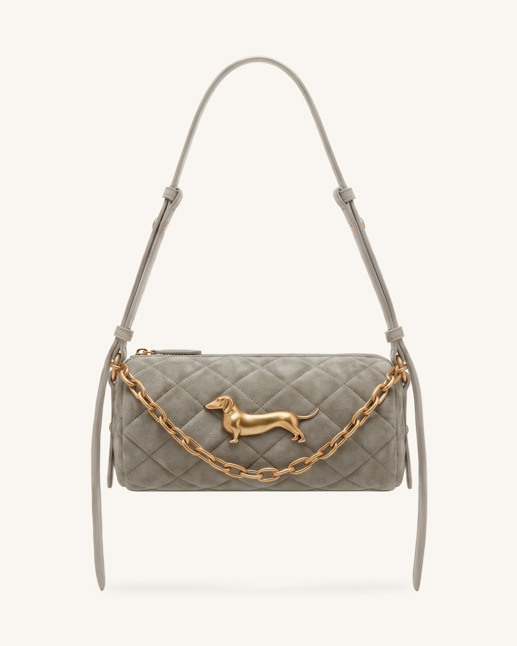 Lucienne Faux Suede Dachshund Quilted Chain Shoulder Bag - Light Grey
