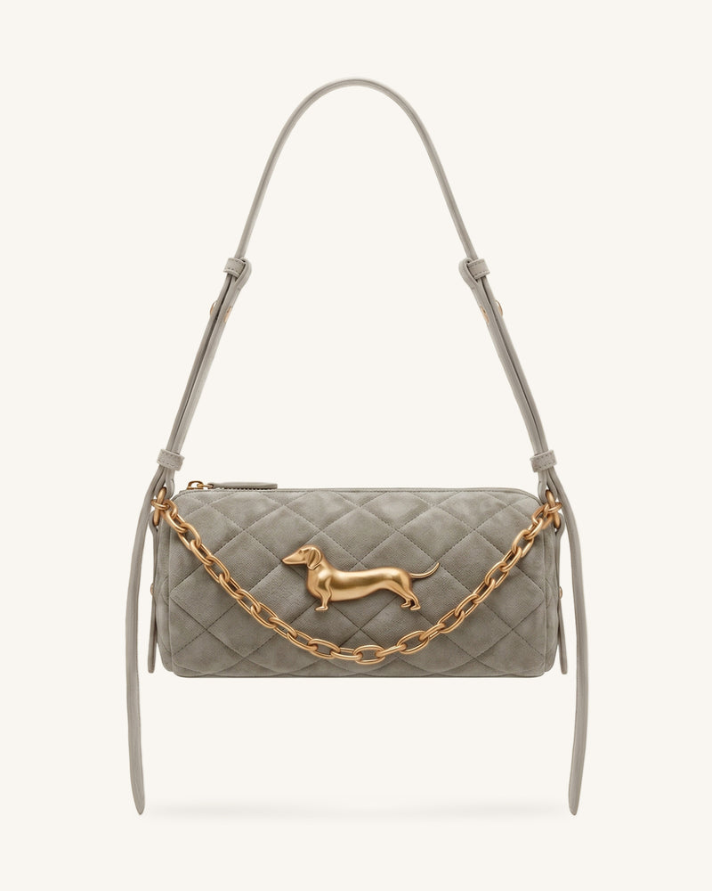 Lucienne Faux Suede Dachshund Quilted Chain Shoulder Bag - Light Grey