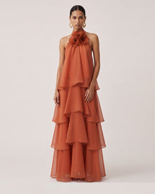 Poppy Embroidered Halter Tiered Ruffle Maxi Dress - Burnt Orange