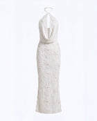 Orchid Beaded Embroidered Keyhole Cowl Halter Maxi Dress - White