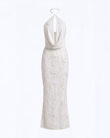 Orchid Beaded Embroidered Keyhole Cowl Halter Maxi Dress - White