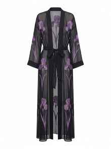 Iris Print Sheer Belted Longline Kimono - Black/Purple