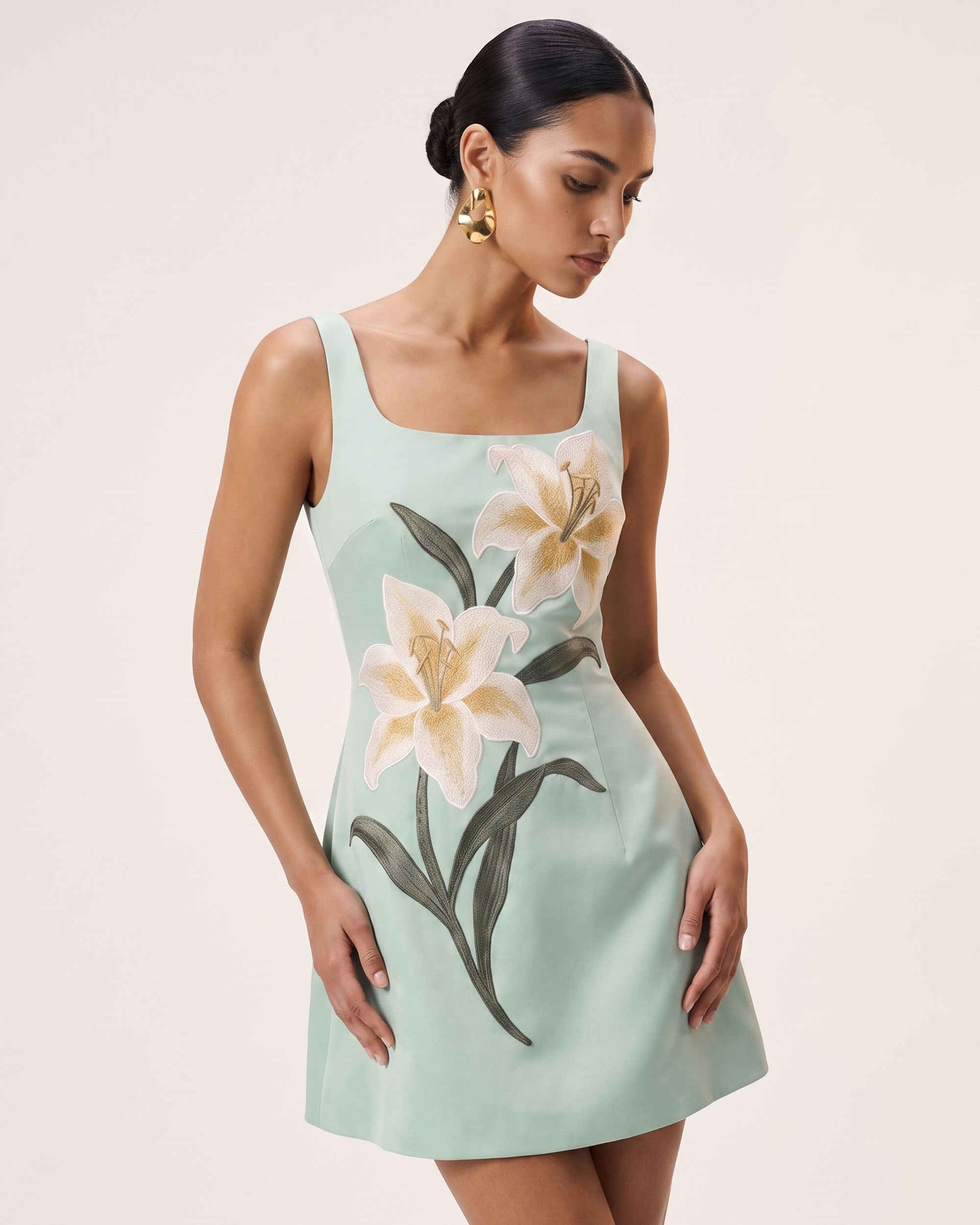 Lily Floral Print Sleeveless A-Line Mini Dress - Mint Green