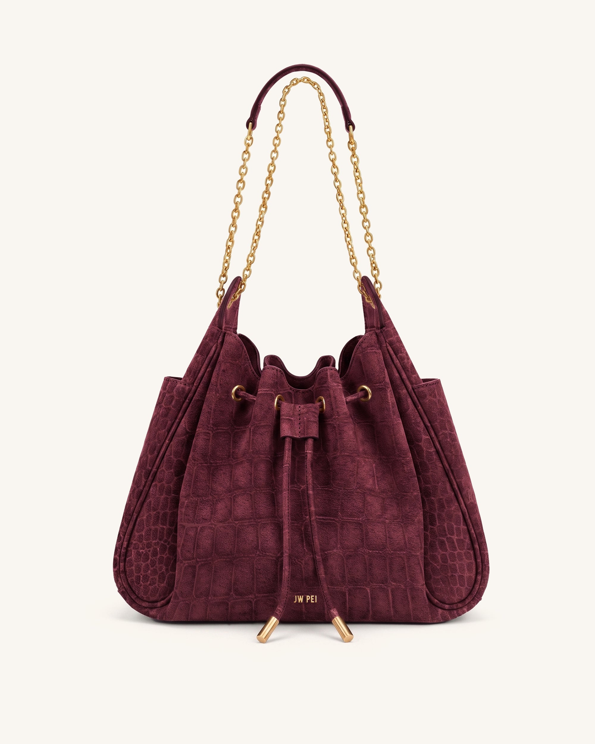 Rowan Faux Suede Drawstring Chain Bucket Bag - Dark Burgundy Croc