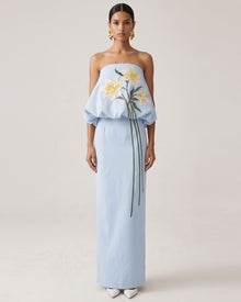 Lily Embroidered Draped Strapless Maxi Dress - Light Blue