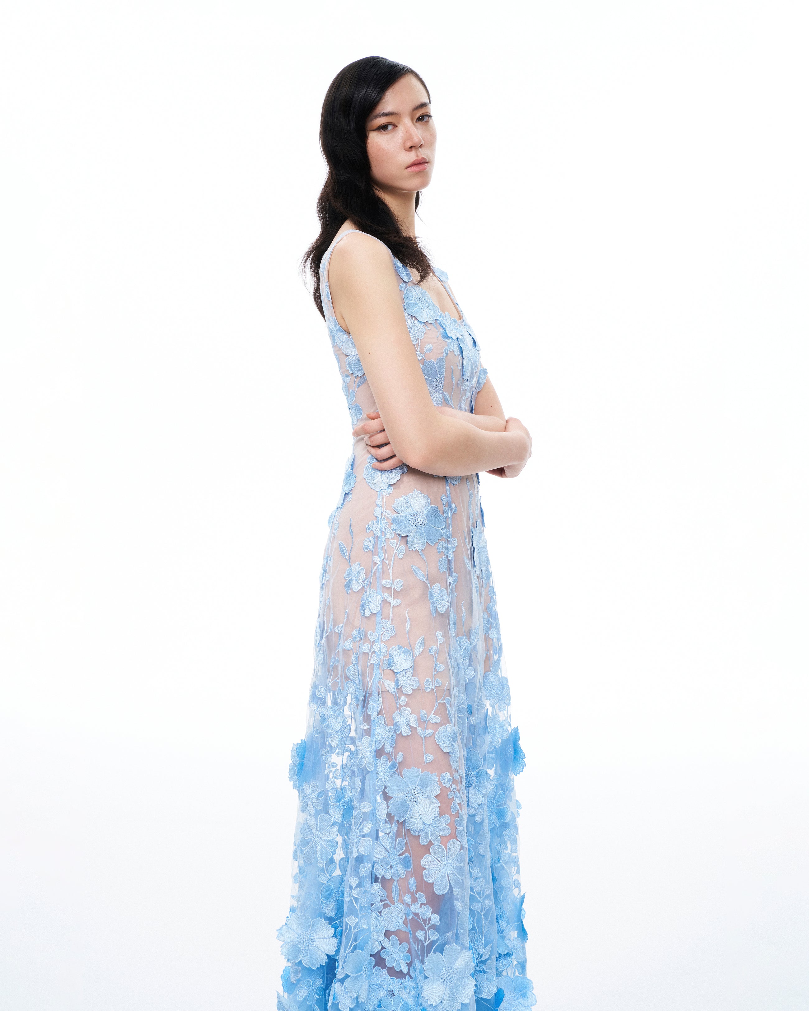 Clementine 3D Floral Embroidered Dress - Blue