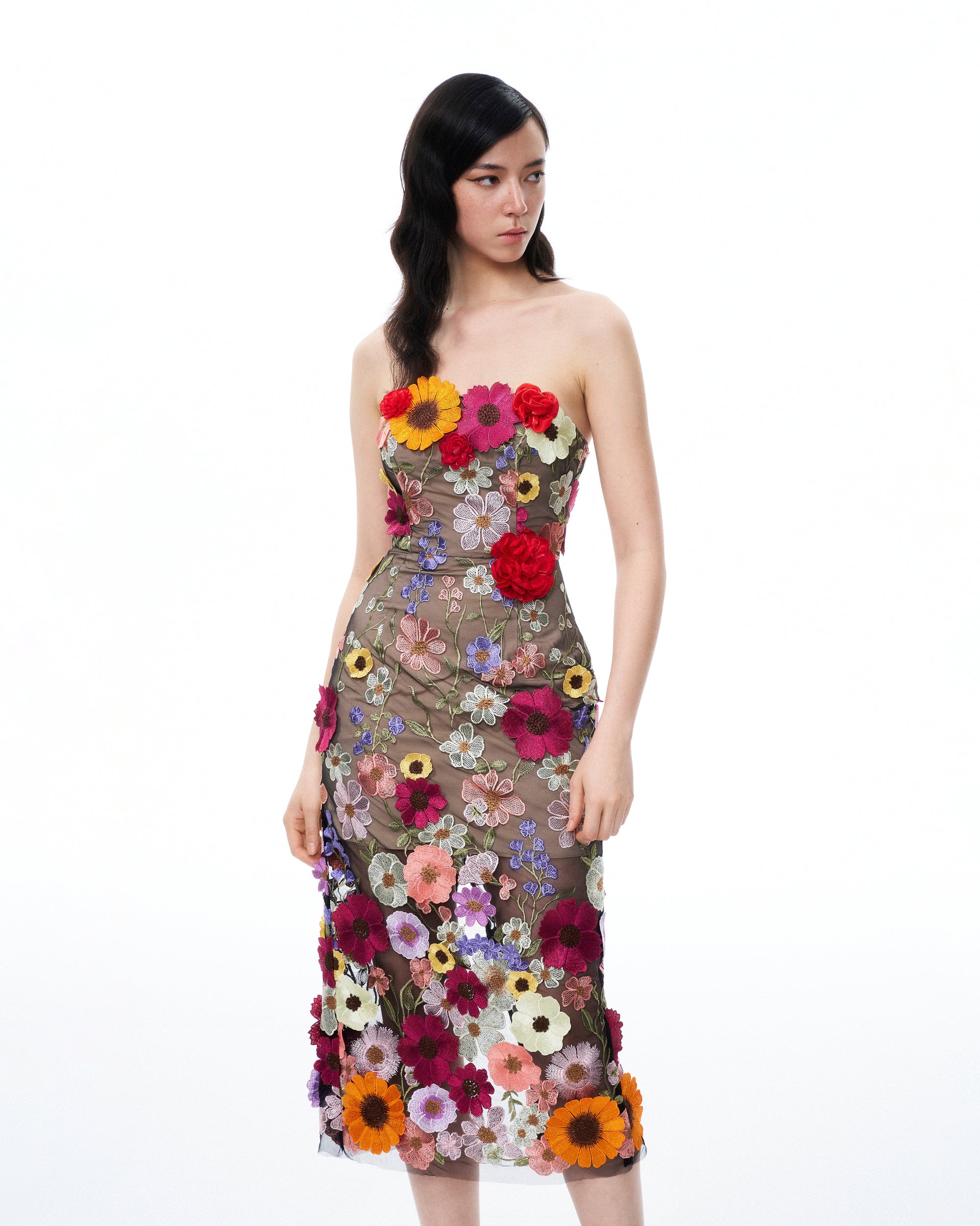 Isolde 3D Floral Embroidered Maxi Dress - Black Multi