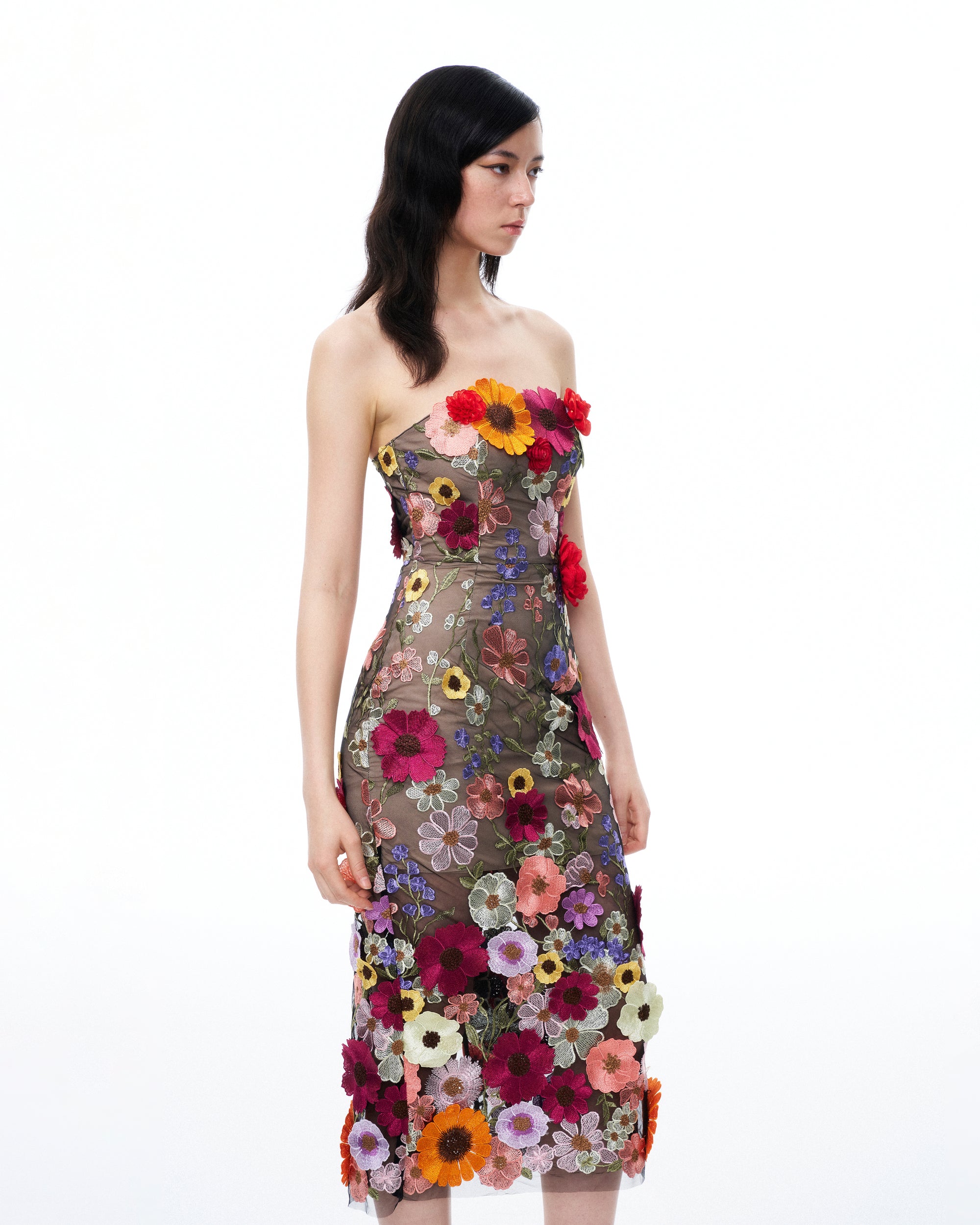 Isolde 3D Floral Embroidered Maxi Dress - Black Multi