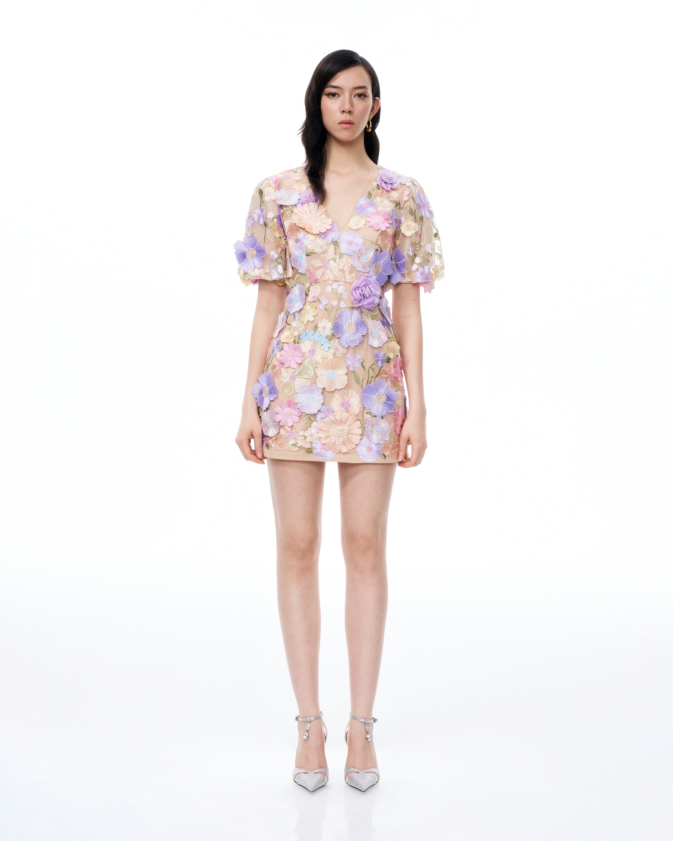 Evangeline 3D V-Neck Floral Embroidered Dress - Pastel Multi