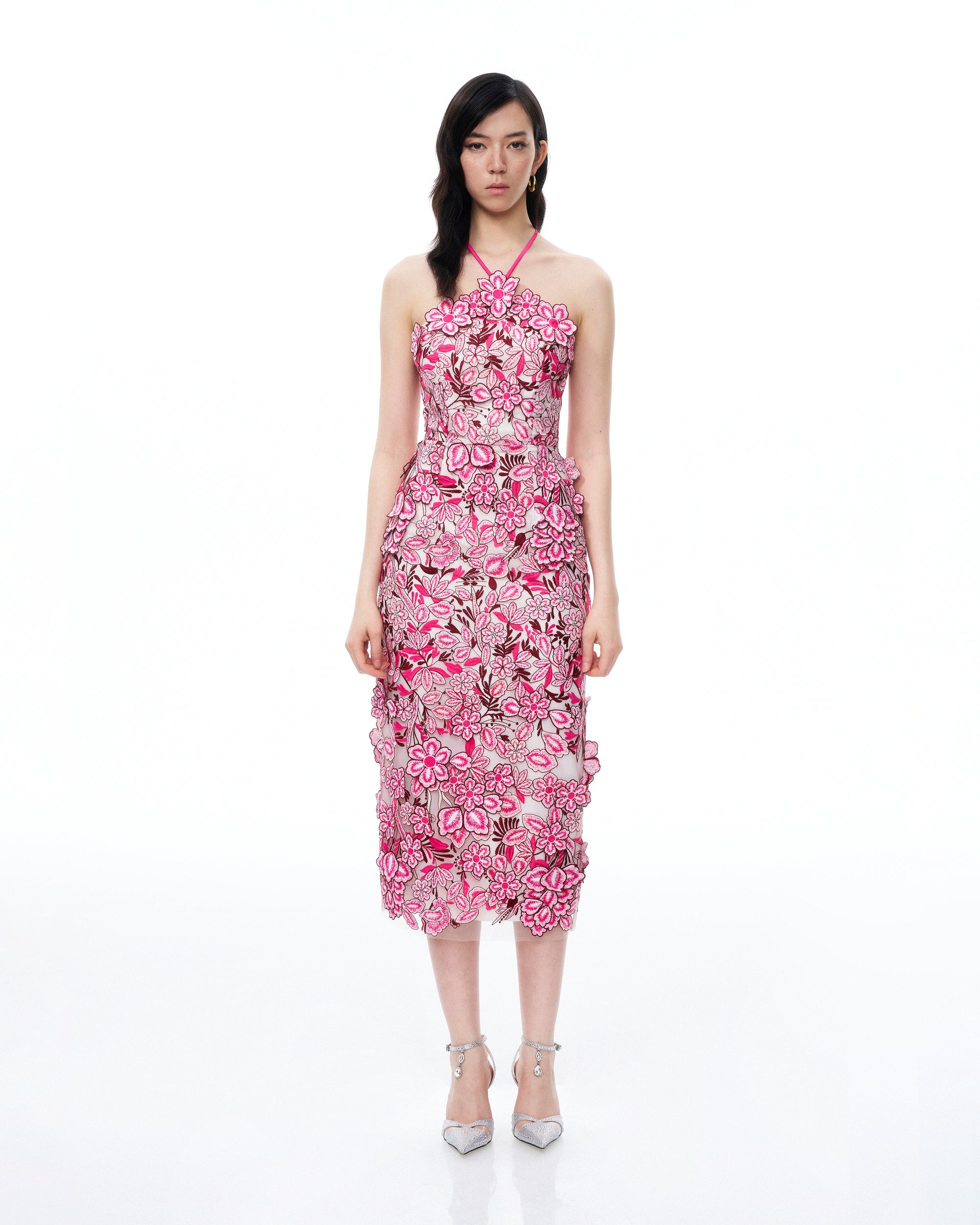 Fiora Halter Neck Floral Embroidered Maxi Dress - Rose Red