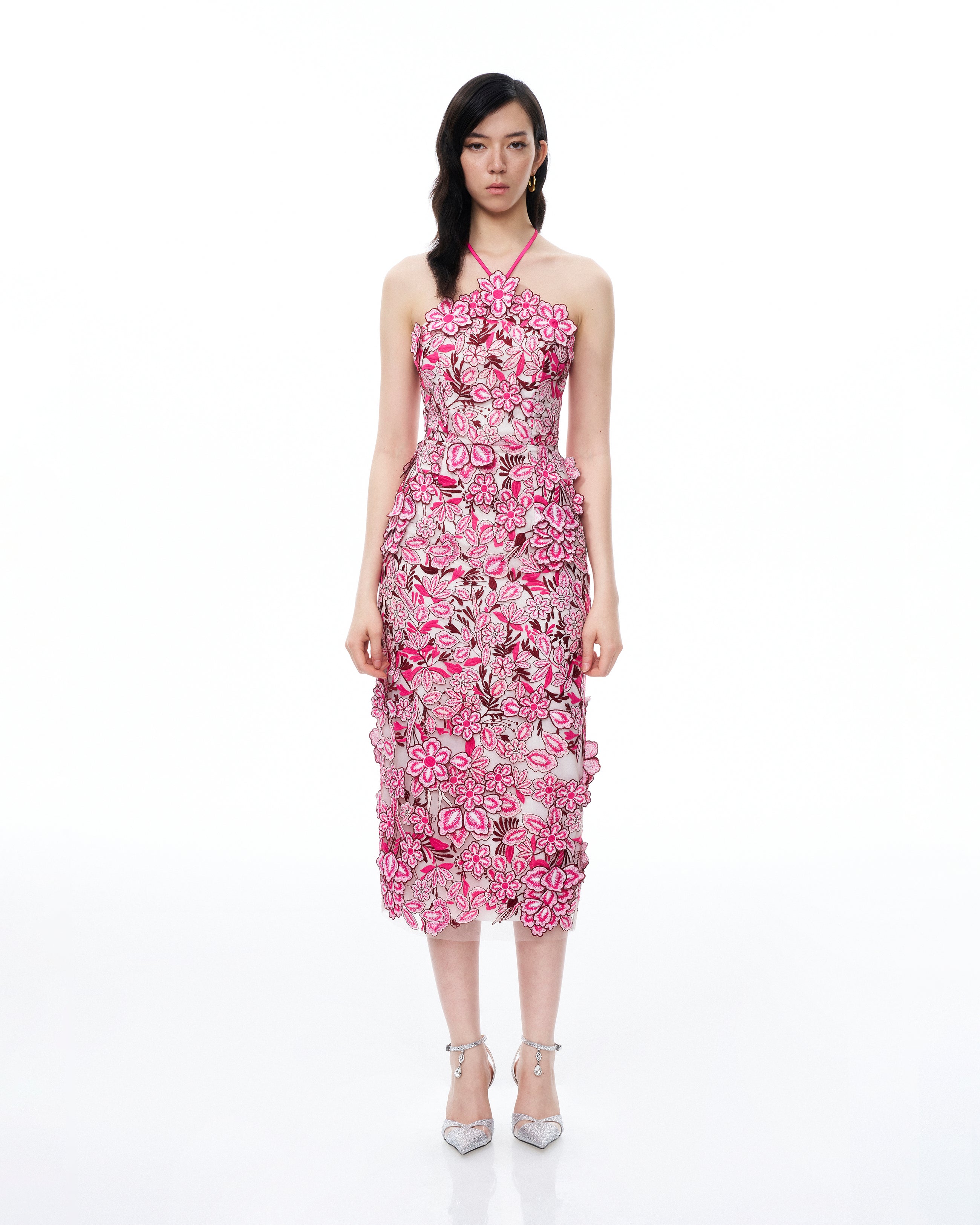 Fiora Halter Neck Floral Embroidered Maxi Dress - Rose Red