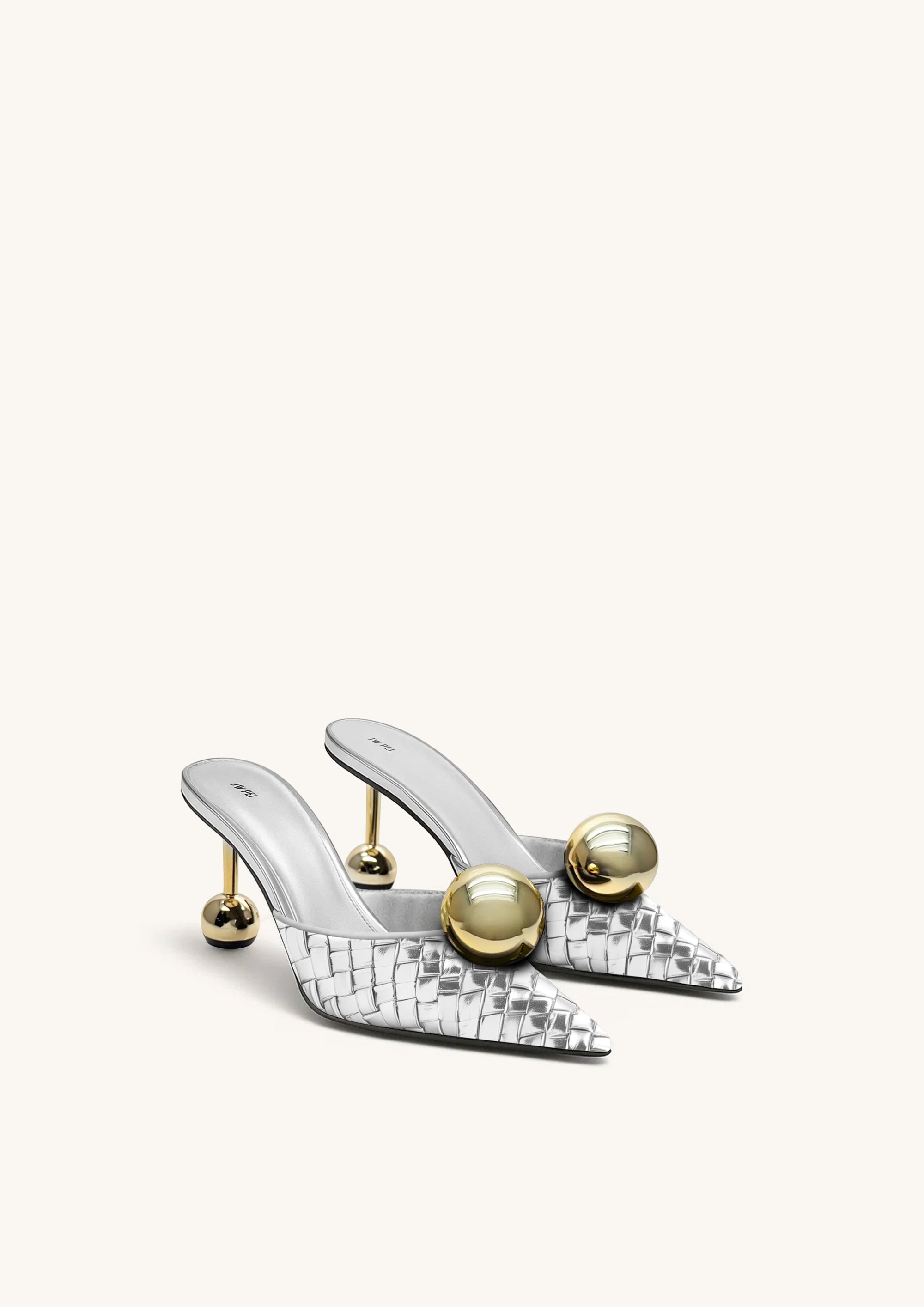 Sofia Woven Sphere Heel Mules - Silver & Gold