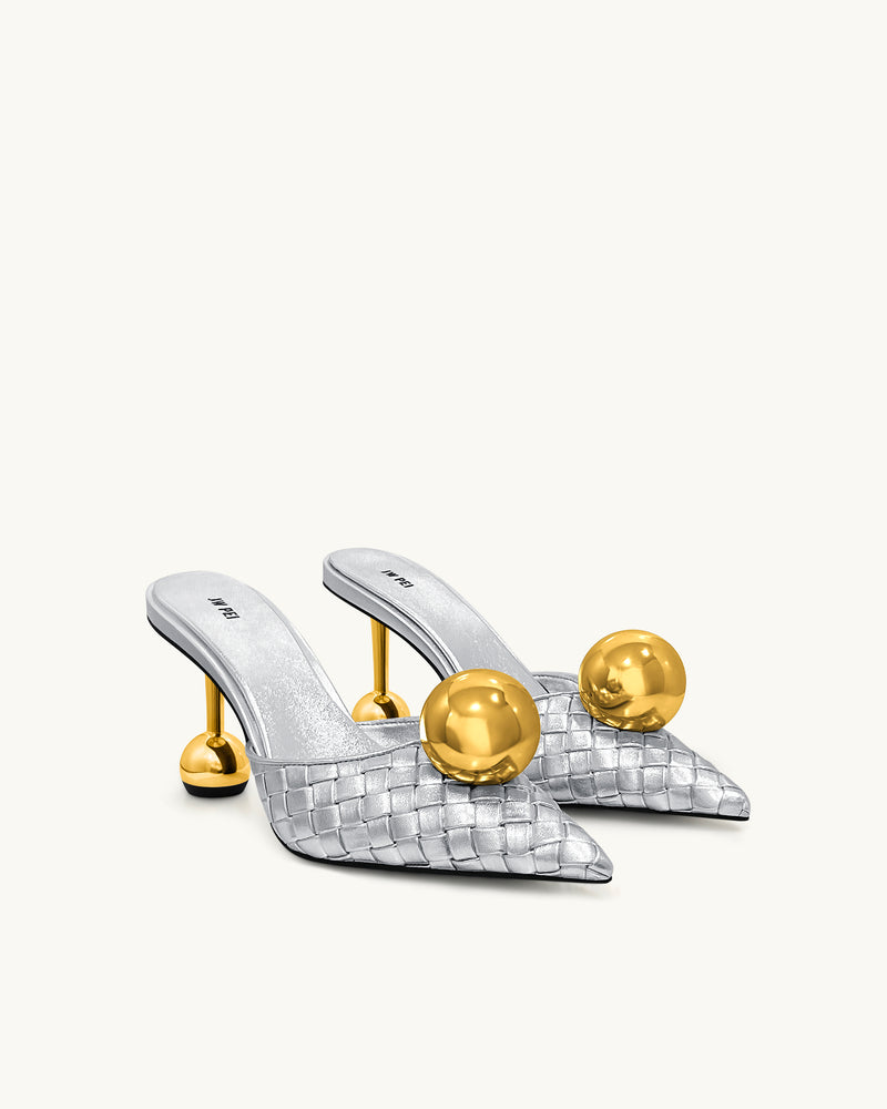 Sofia Woven Sphere Heel Mules - Silver & Gold