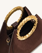 Amiya Leaf Handle Faux Suede Sculpture Bag - Mocha Brown