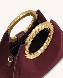 Amiya Leaf Handle Faux Suede Sculpture Bag - Merlot Red