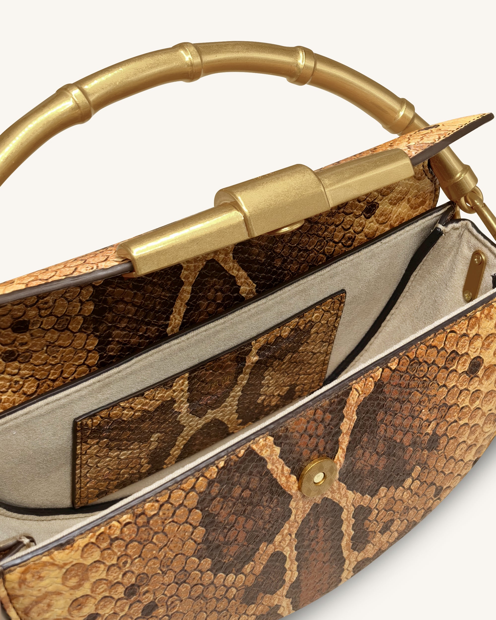 Sylvie Snake Print Half-Moon Top Handle Bag - Yellowish Brown