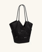 Maribel Woven Panel Tote Bag - Black