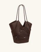 Maribel Woven Panel Tote Bag - Dark Brown