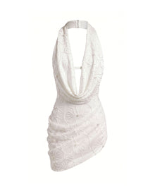Orchid Beaded Embroidered Cowl Halter Mini Dress - White