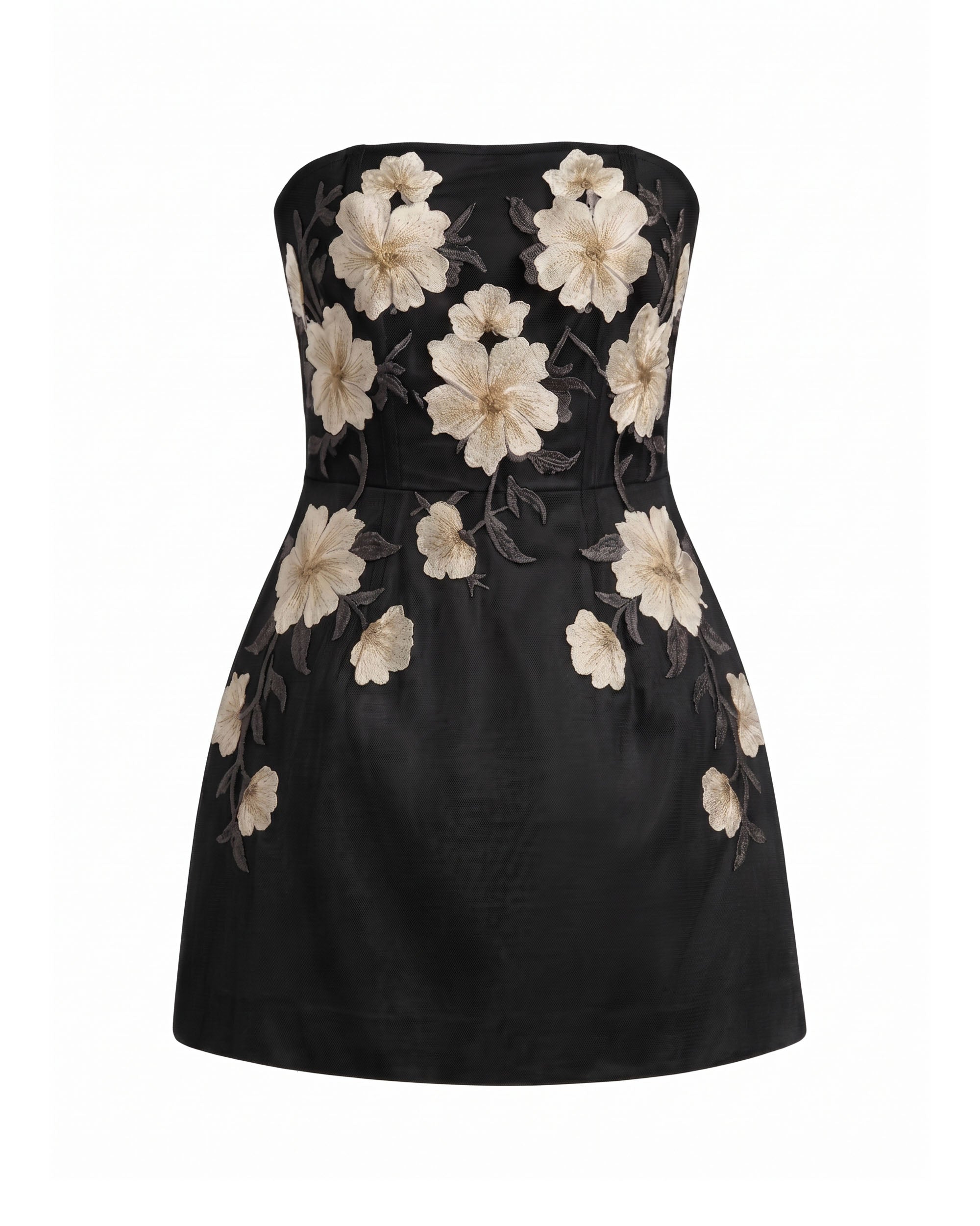 Floral Embroidered Strapless Corset Mini Dress - Black