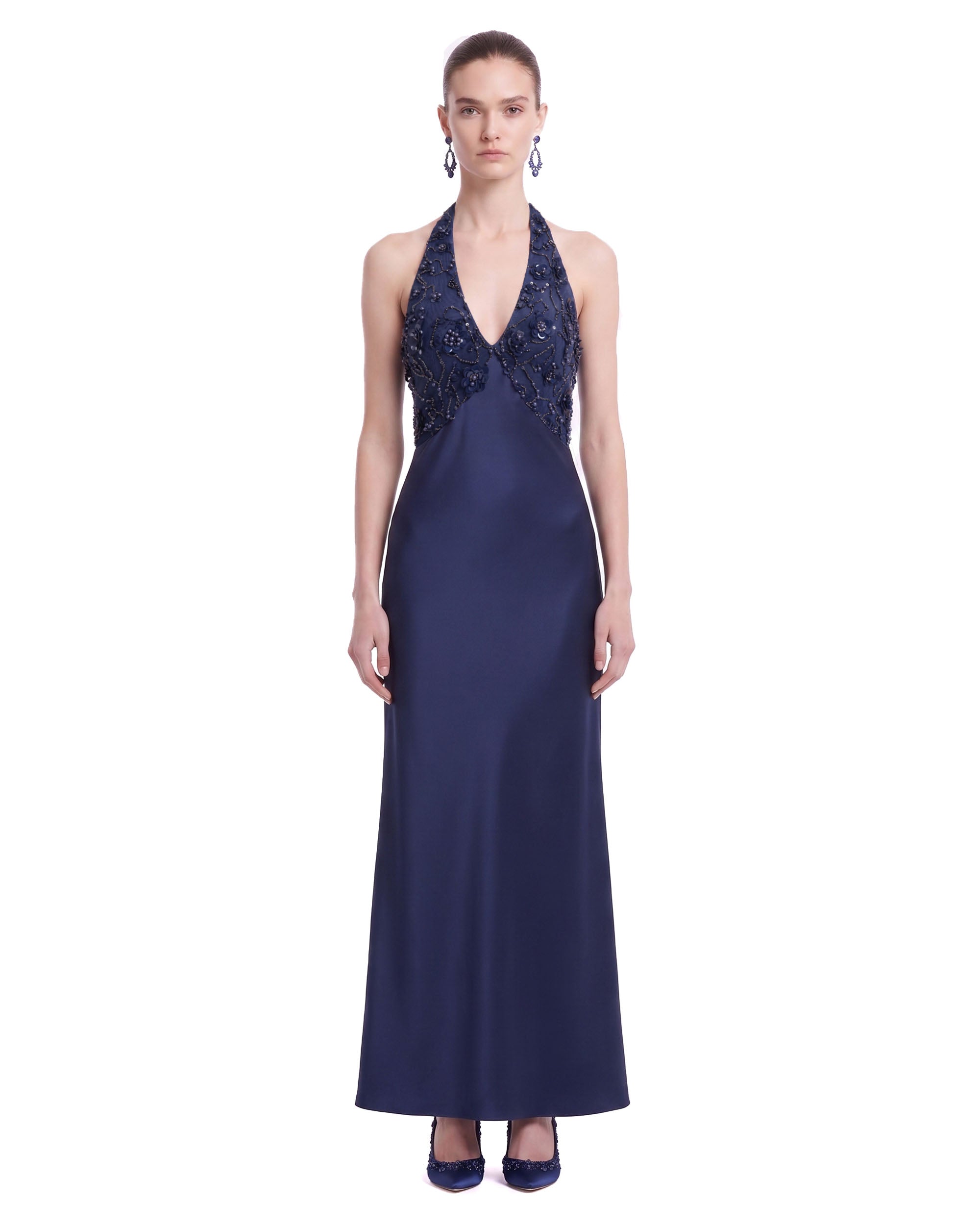 Floral Embellished Halter Satin Maxi Dress - Navy